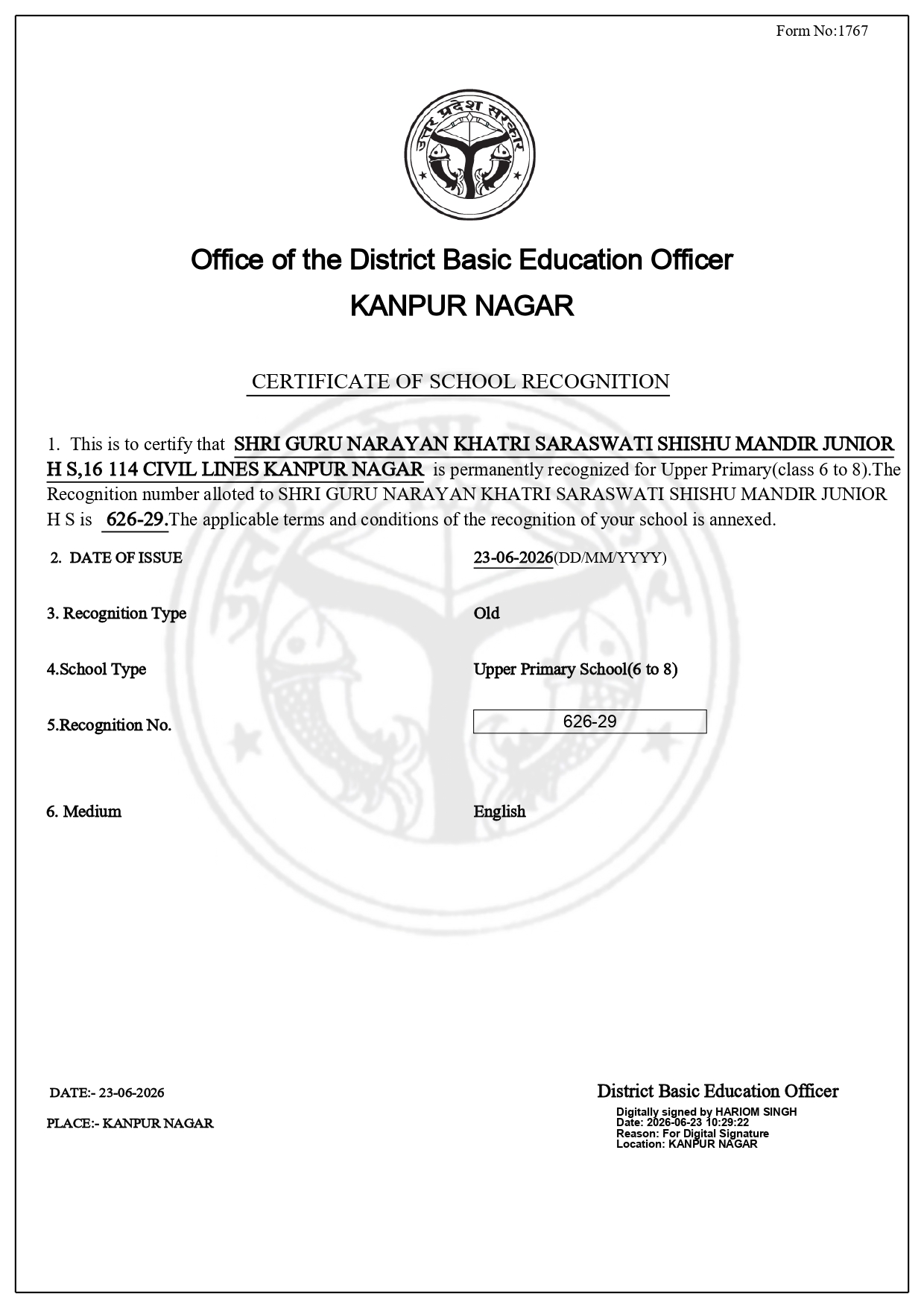 Certification of School Recognition